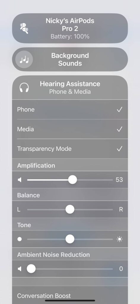 Figure 1. Hearing Control Panel on iPhone showing hearing aid feature options and fine-tuning controls