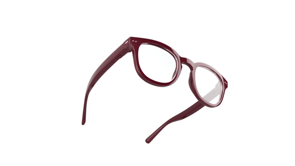 Nuance Audio Glasses with red frames on transparent background